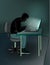 Hacker sitting at the laptops in th room, vertical vector illustration