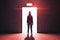 Hacker stands in front of an open elevator door from whicha red light emanates