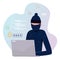 Hacker stealing password wearing mask to cover the face. On laptop thief criminal spy theft digital information coding