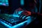 Hacker uses keyboard, shakes buttons with fingers to crack password. Internet security concept, cyber attack. Neon blue