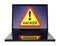 Hacker warning sign on laptop screen.