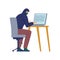 Hacker, wearing hoodie and balaclava mask, sit with a laptop breaking security system to steal data or activating virus.