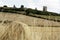 Hadleigh castle with hay bails in the foreground