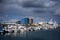 Hafnafjordur fishing harbour in Iceland - small boats and colourful port buildings.