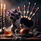 Haggis, whisky and bagpipes set on table with thistles ready for Burn\\\'s night