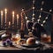 Haggis, whisky and bagpipes set on table with thistles ready for Burn\\\'s night