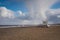 Hail storm above lifeguard hut on cold empty beach, Gorleston-on-Sea, Norfolk