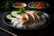 Hainanese chicken rice , Steamed chicken with rice, Khao Mun Kai with sauce, Asian food style, Generative AI