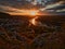 Hainburg city and Danube river view from Braunsberg mountain in sunset, Austria