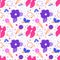 Hair accessories seamless pattern. Repeated female style elements, romantic colors elastics, pink bows, purple ribbons