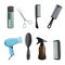 Hair beauty salon equipment set. Hairspray, scissors, comb, hairbrush, dryer.