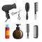 Hair beauty salon equipment set. Hairspray, scissors, combs for styling, massage hairbrush, dryer, brown bottle with moister.