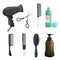 Hair beauty salon equipment set. Hairspray, scissors, combs for styling, massage hairbrush, dryer, brown figure bottle with gel.