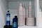 Hair Brazilian Keratin treatment therapy cosmetics bottles on shelf in beauty salon. Brazilian Keratin Hair Treatment Complex.