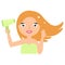 Hair Care. Beautiful Smiling Woman Drying Healthy Long Straight Hair Using Hair Dryer. Vector