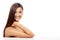Hair care, beauty and young woman in studio for cosmetic, salon and wellness treatment. Smile, confident and portrait of