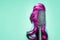 Hair coloring and dye. Comb with pink wig on turquoise background, similar to woman& x27;s head. Copy space. Concept of