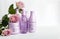 Hair cosmetics, hair shampoo, beauty products for beauty salon with flower on white background. L`oreal Professionnel serie exper