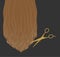 Hair design. Long blonde hair and gold colored professional scissors. Isolated on gray background. Vector illustration