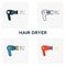Hair Dryer icon set. Four elements in diferent styles from household icons collection. Creative hair dryer icons filled, outline,