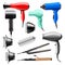 Hair dryer vector fashion hairdryer of hairdresser to blow-dry and electric hair-dryer blower illustration beauty set of