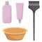 Hair dye, oxidizer, hair dye brush and mixing bowl. Hair coloring set, illustration, isolated on white.