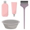 Hair dye, oxidizer, hair dye brush and mixing bowl. Hair coloring set, illustration, isolated on white.