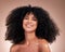 Hair, face and smile with black woman in portrait, haircare and afro, cosmetics and happy person on studio background