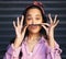 Hair, mustache and portrait of woman funny with joking game, goofy and fashion outdoor. Face, pout and female person