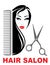 Hair salon icon with girl, scissors and comb