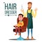 Hairdresser And Child, Teen Vector. Doing Client Haircut. Barber. Isolated Flat Cartoon Illustration