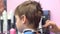 Hairdresser cuts hairs with scissors on boy`s head. Back view, stylist`s hands close-up.