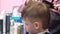 Hairdresser cuts hairs with scissors on boy\'s head. Side view, stylist\'s hands close-up.