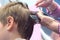 Hairdresser cutting hairs with scissors on boy`s head. Back view, stylist`s hands close-up.