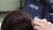 Hairdresser puts long black hair girl