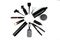 Hairdresser\\\'s accessories scissors, spray, shampoo, brush, curling iron, comb, hair clipper on white background.