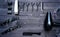 Hairdresser tools on wooden background.  Top view on wooden table with scissors, comb, clipper and hairdryerl, free space.