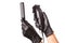 Hairdressers hands in black rubber gloves holds hair clipper and comb