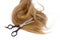 Hairdressers scissors against the backdrop of strand of female h