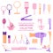 Hairdressing collection with Scissors, hairbrush, hairdryer, mirror, round brush, hair spray, hair straightener