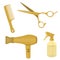 Hairdressing equipment. Scissors, hair dryer, hair comb and water spray bottle. Gold colored. Vector Illustration