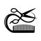 Hairdressing icon of a pair of scissors cutting a lock of hair and hairbrush