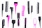 Hairdressing tools. Pattern with various combs and brushes on white background top view