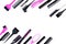 Hairdressing tools. Pattern with various combs and brushes on white background top view copy space