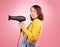 Hairdryer, salon and beauty with portrait of woman in studio for hairdresser, hair care and cosmetic. Shampoo, spa and