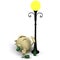 Haired drunkard puppet sleep near metal latern