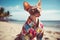 Hairless Sphynx cat in Hawaiian shirt at sunny beach. Generative AI
