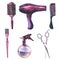 Hairstyling set. Real watercolor drawing. Hand drawn tools for hairdresser, brush, scissors, sprayer, dryer, hairbrush