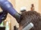 Hairstylist making modern hairdo with hair dryer and comb, close up view. Master at work in barbershop. Beige interior