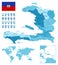 Haiti detailed administrative blue map with country flag and location on the world map.